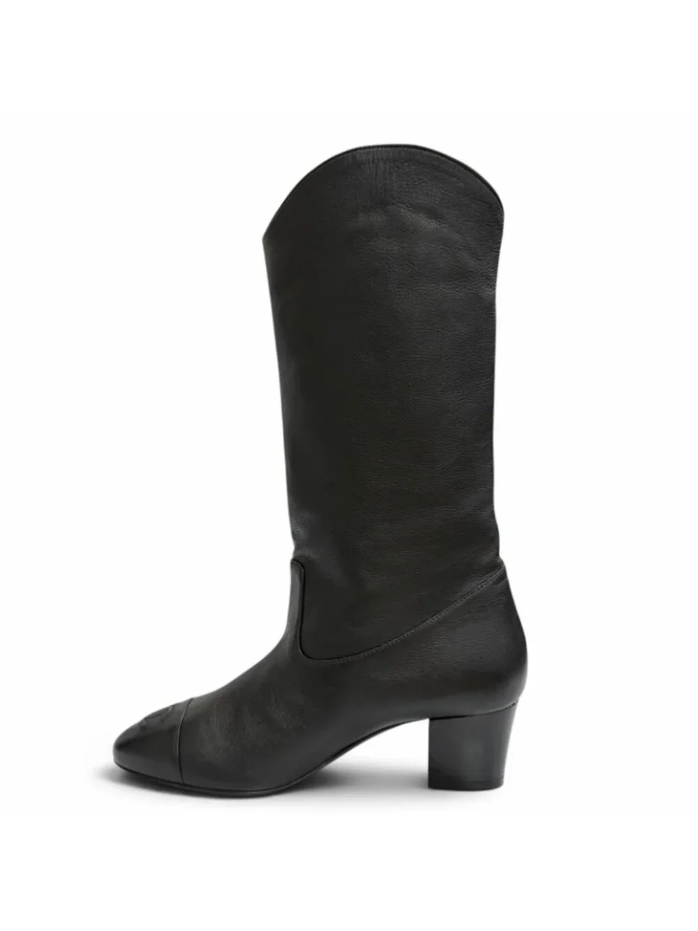 Chanel CC Logo Stitch Middle Leather Boots Jockey Black